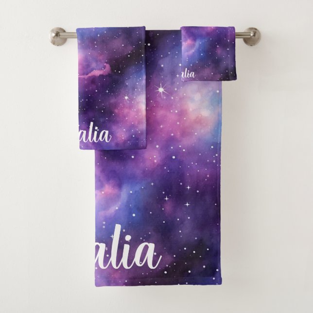 Conjunto De Toalhas Watercolor Cosmic Blue Purple Galaxy Nebula (Insitu)