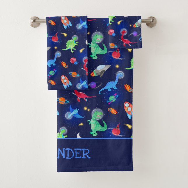 Conjunto De Toalhas Watercolor Dinosaur Astronauts In Space Blue (Insitu)