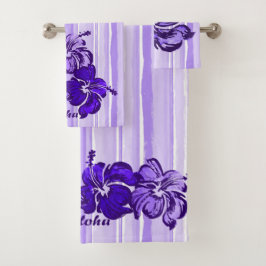 Conjunto De Toalhas Watercolor Hibiscus Hawaiian Stripe - Roxo