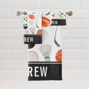 Conjunto De Toalhas Watercolor Multi Sport Pattere Balls Kid Boy Name