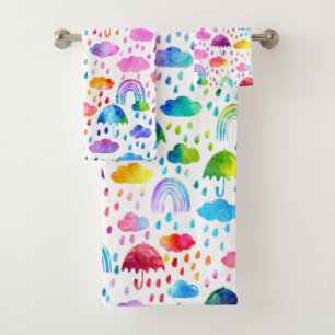 Conjunto De Toalhas Watercolor Rainbow Umbrellas Rainly Day Girls