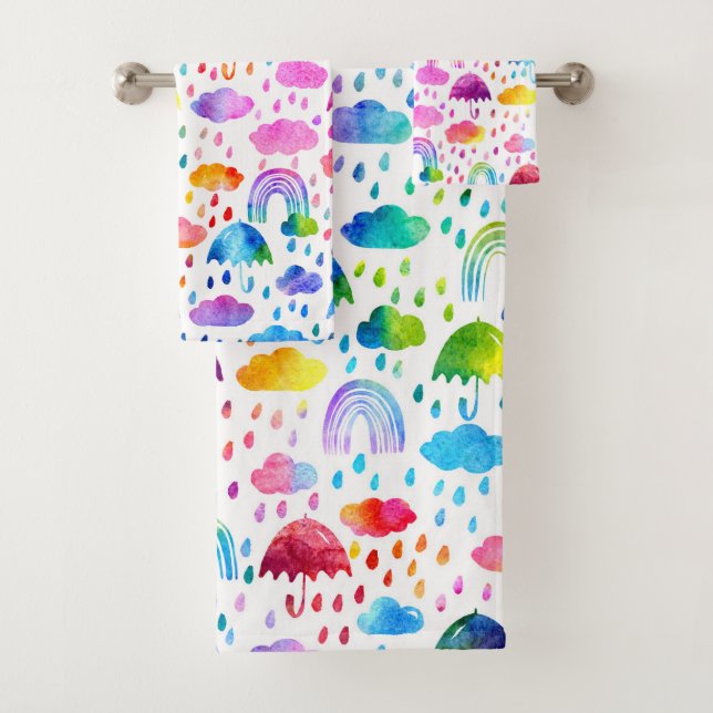 Conjunto De Toalhas Watercolor Rainbow Umbrellas Rainly Day Girls (Insitu)