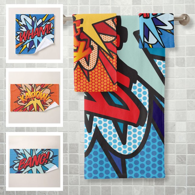 Conjunto De Toalhas WHAM BANG KAPOW Retro Comic Book Pop Art (WHAM BANG KAPOW Fun Retro Comic Book Pop Art Bath Towel Set)