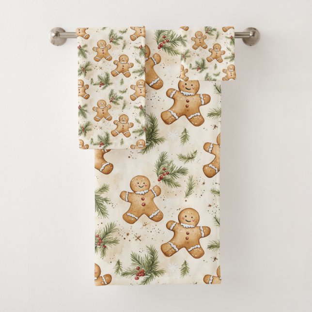 Conjunto De Toalhas Whimsical Gingerbread & Pine Holiday Pattern (Insitu)