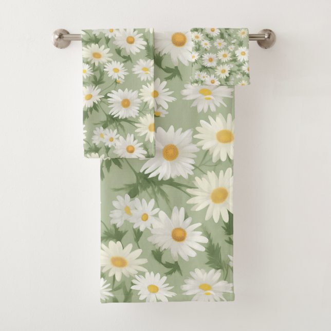 Conjunto De Toalhas White Daisies On Sage Green (Insitu)