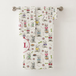 Conjunto De Toalhas White Westies com Acessórios Monograma Whimsical