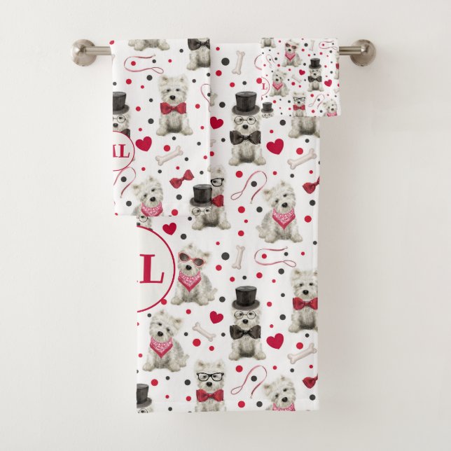 Conjunto De Toalhas White Westies com Acessórios Monograma Whimsical (Insitu)