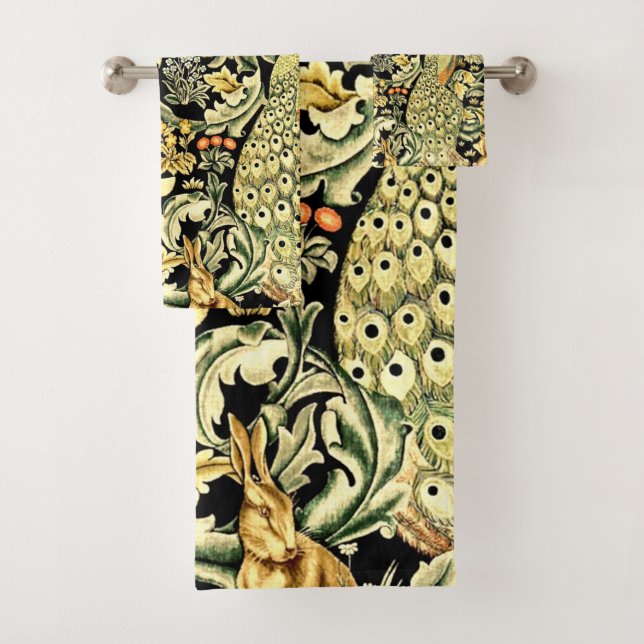 Conjunto De Toalhas William Morris Forest Tapeçaria Fox Hare Peacock (Insitu)