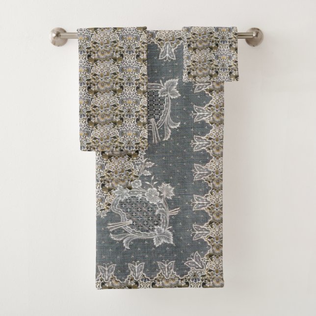 Conjunto De Toalhas William Morris Lodden Cinza Dourado Renda (Insitu)
