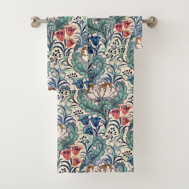 Conjunto De Toalhas William Morris Red Blue Teal Patterno Floral (Insitu)