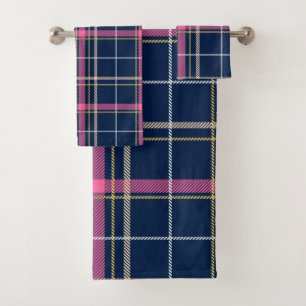 Conjunto De Toalhas Xadrez azul-marinho de Tartan com bege branco rosa