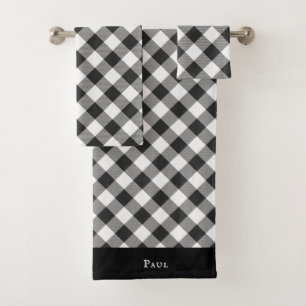 Conjunto De Toalhas Xadrez Branco e Preto Quadrados Buffalo Check
