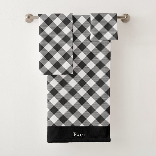 Conjunto De Toalhas Xadrez Branco e Preto Quadrados Buffalo Check (Insitu)