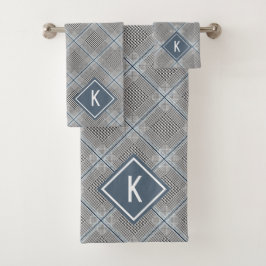 Conjunto De Toalhas Xadrez Cinza Azul Branco, Monogramado