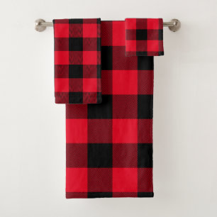 Conjunto De Toalhas Xadrez de Búfalo Chevron Vermelho e Preto Moderno