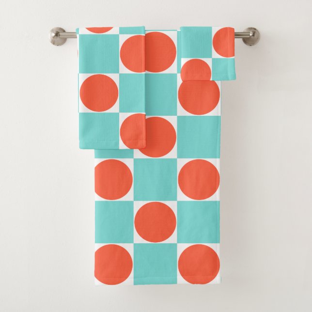 Conjunto De Toalhas Xadrez de Círculos Coral e Água (Insitu)