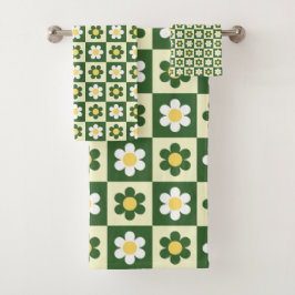 Conjunto De Toalhas Xadrez de Margarida em Verde Salvia e Creme Retrô