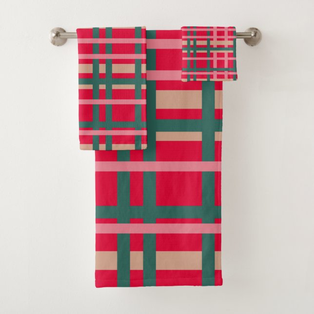 Conjunto De Toalhas Xadrez de Natal Moderno Linhas Vermelhas e Verdes  (Insitu)