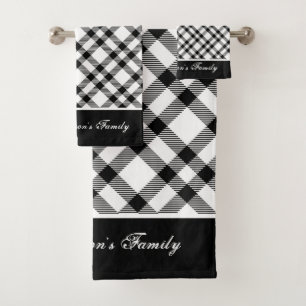 Conjunto De Toalhas Xadrez de Tartan Branco e Preto Moderno