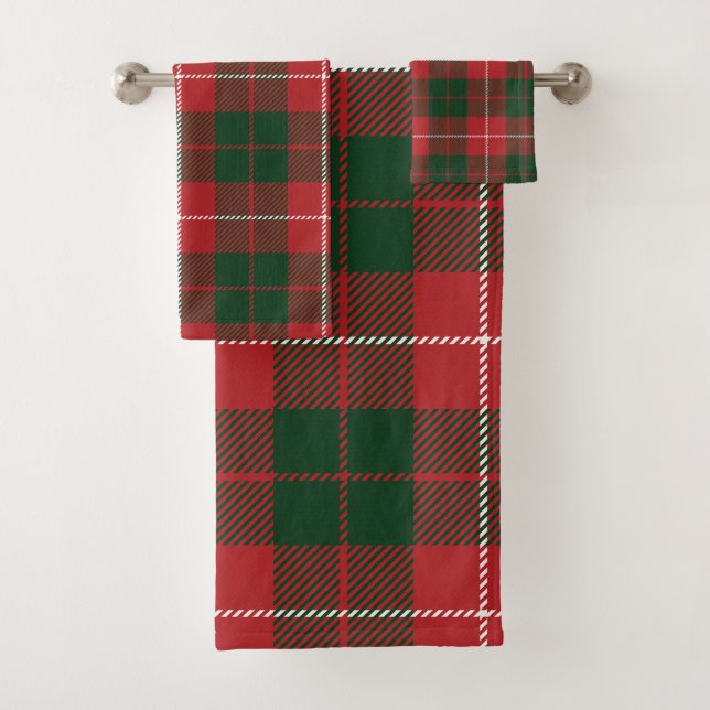 Conjunto De Toalhas Xadrez Elegante Russo Vermelho e Verde Tartan (Insitu)