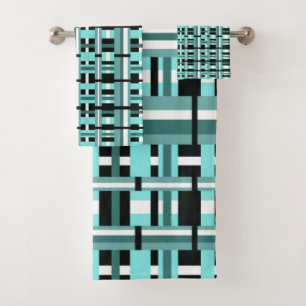 Conjunto De Toalhas Xadrez em Aqua, Teal, Preto e Branco