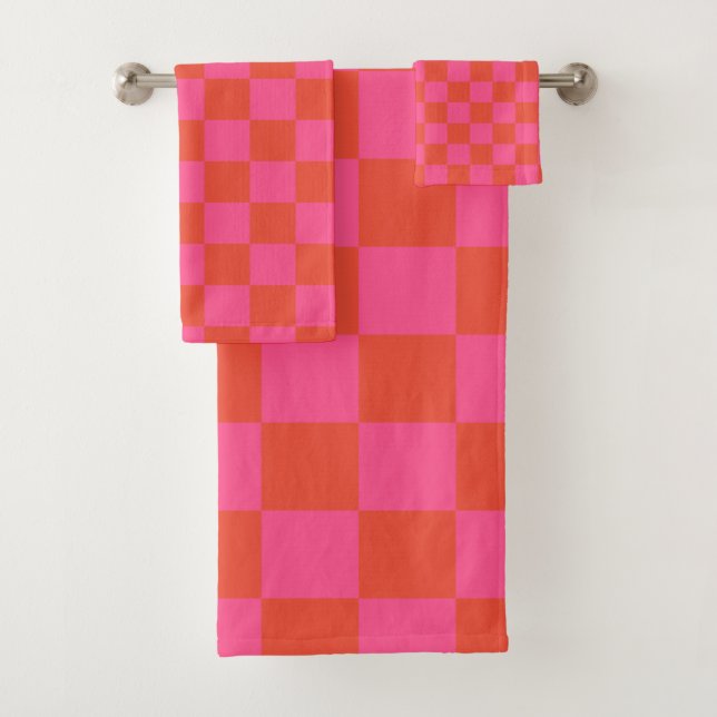 Conjunto De Toalhas Xadrez em Rosa e Laranja (Insitu)