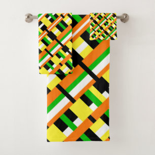 Conjunto De Toalhas Xadrez em Verde, Laranja e Amarelo Moderno Diagona