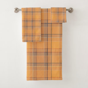 Conjunto De Toalhas Xadrez escocês tartã coral, laranja e marrom.