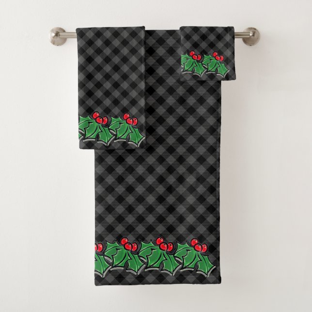 Conjunto De Toalhas Xadrez Festiva de Cinza Feriada com Holly Sprigs (Insitu)