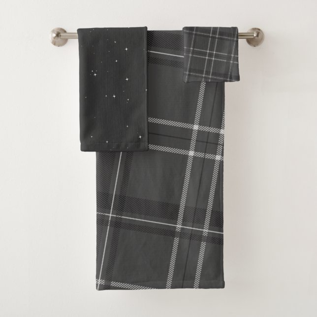 Conjunto De Toalhas xadrez monocromática de cinzas e estrelas feriados (Insitu)