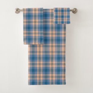 Conjunto De Toalhas Xadrez Plaid Bege Azul Cinza e Pêssego
