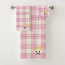 Conjunto De Toalhas Xadrez rosa Tartan Crowned Monogramas Princess