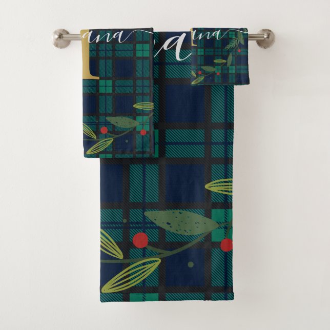 Conjunto De Toalhas Xadrez Russo Monograma Wreath Tartan (Insitu)