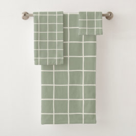 Conjunto De Toalhas Xadrez Verde Sage Bege Neutro Minimalista