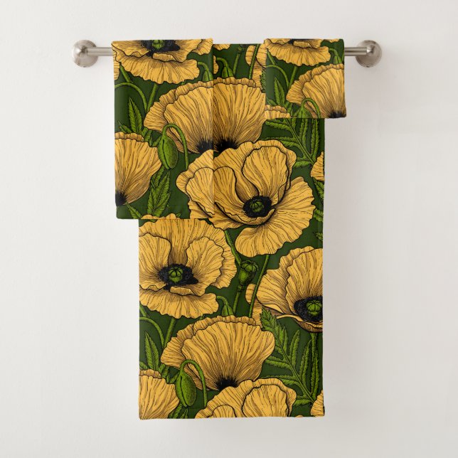 Conjunto De Toalhas Yellow poppies on dark green (Insitu)