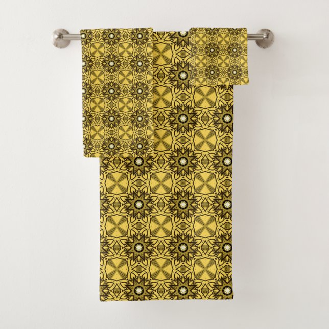 Conjunto De Toalhas Yellow towels with black geometric patterns (Insitu)