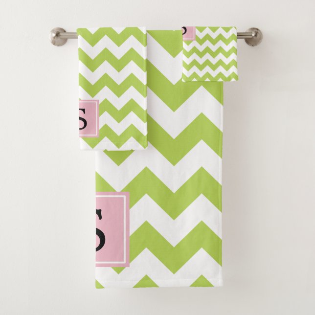 Conjunto De Toalhas Zigzag Verde, Ganha Verde, Monograma (Insitu)