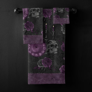 Conjunto De Toalhas Zodiac Magic   Rosas de crânio de ameixa roxa escu