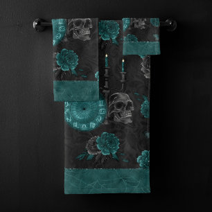 Conjunto De Toalhas Zodiac Magic   Rosas de crânio Gótico, verde-escur