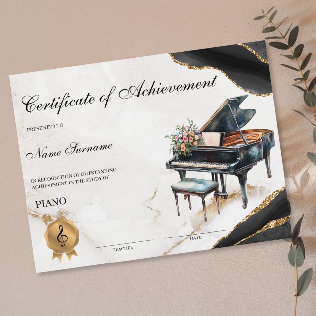 Conquista do Considerando da Escola de Música com  (piano recital certificate with watercolor piano and flower bouquet)