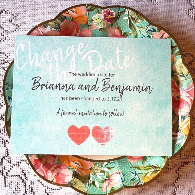 Conselho Cartão de Adiamento de Casamento Turquesa (Turquoise and mauve pink stationary, cute heart themed wedding information card)