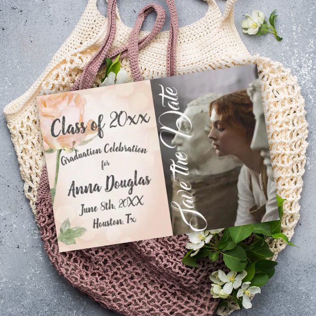 Conselho Cartão de aviso prévio floral rosa poeirento (botanical peach photo graduation party invitation light pink dusty peach roses floral grad save date)