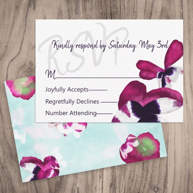 Conselho Violet, Pansies Turquesas com Cartão RSVP de Casam (pink purple violet turquoise blue wedding rsvp response respond enclosure cards, flowers pansies)