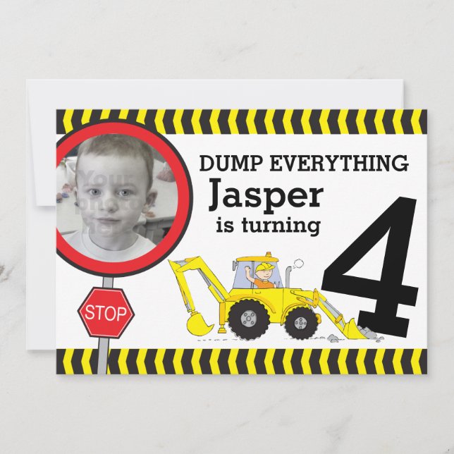 Construção de rapazes convite de festas de 4 anos (Frente)