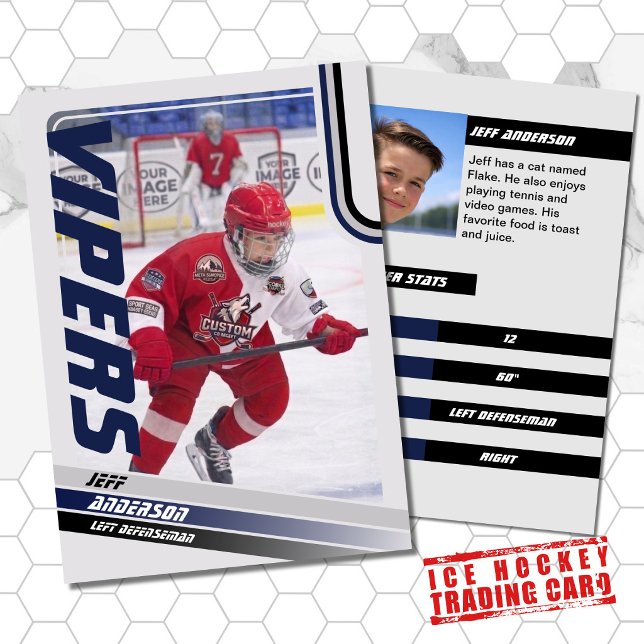 Contato Cartão Azul De Hóquei No Gelo (Unleash your creativity with our blue and black customizable ice hockey trading card )