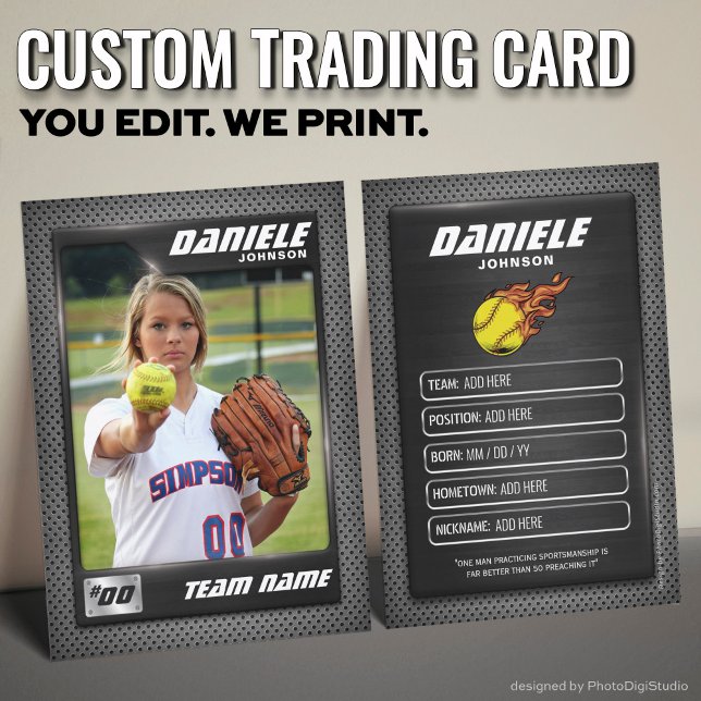 Contato Cartão de Comércio de Softball Personalizado, Cart (Graphite Softball Trading Card, Custom Softball Player Card)