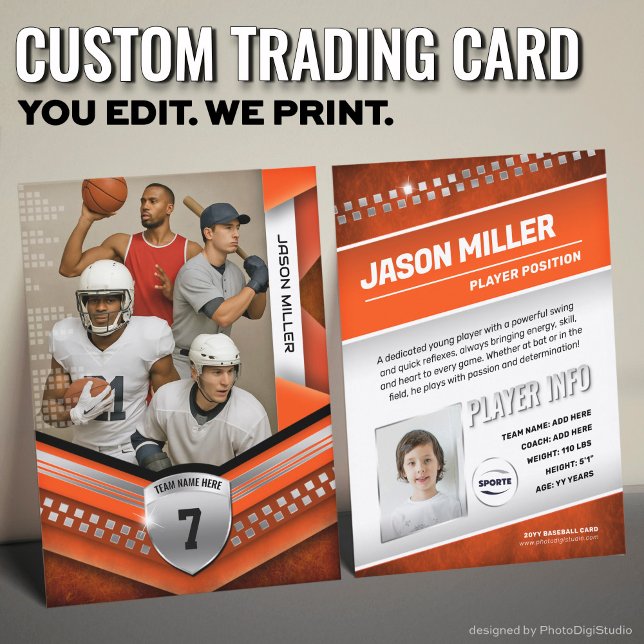 Contato Cartão de Comércio Personalizado, Modelo de Esport (Custom Trading Card Template, All Sport Trading Card, Modern Orange Silver Design for All Sports)