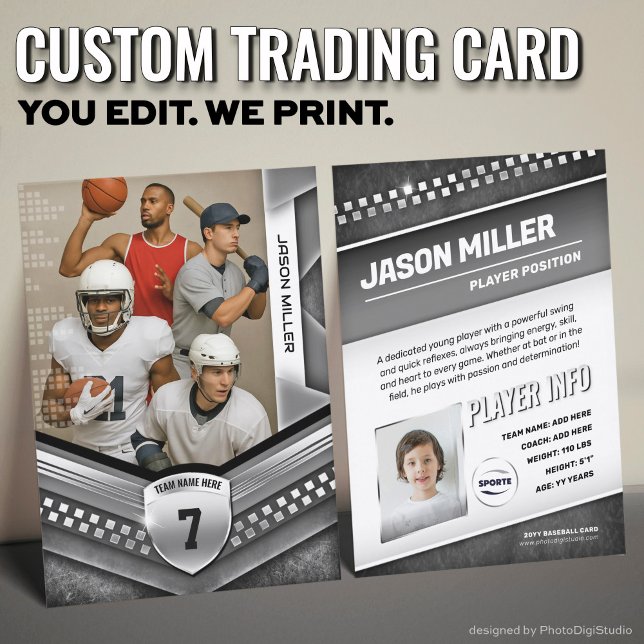 Contato Cartão de Comércio Personalizado, Modelo de Esport (Custom Sports Trading Card Template | Modern Black Silver Design for All Sports)