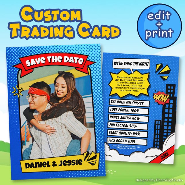 Contato Cartão de Comic de Casal Divertido para Salvar a D (Fun Save the Date Card Comic Couple Trading Card)