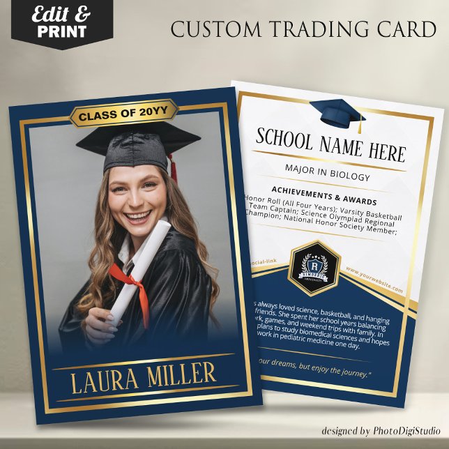 Contato Cartão de Formando Elegante Azul Dourado (Editable Graduate Trading Card, Elegant Blue Gold Card, Custom Trading Card for Graduation)